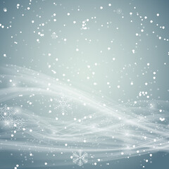 Winter decorative background template with snow, snowflakes and wind. Vector Illustration