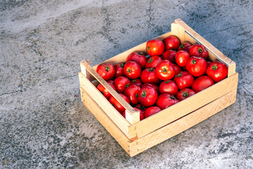 Juicy and fresh tomatoes in wooden box on old cracked concrete background. Top view with text space.