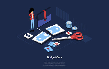 Budget Cut Concept Art, Cartoon 3D Style. Isometric Vector Illustration On Dark Background With Writing. Business Female Character Near Office And Financial Items. Cut Dollar Banknote And Credit Card