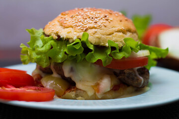 big burger on a plate with vegetables
