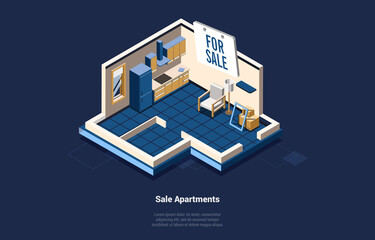 Sale House Or Apartments Concept Vector Illustration On Dark Background, Text. 3D Composition In Cartoon Style. Isometric Art Of Living Room And Kitchen Space. Real Estate Business, Moving Flat Ideas