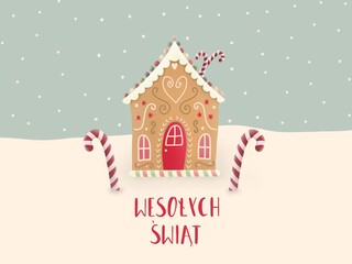 Domek z piernika i świąteczne laski cukrowe z czerwonym tekstem Wesołych Świąt, w tle jest śnieg i płatki śniegu - 395639340