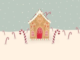 Christmas card with gingerbread house in snow. A lot of sugar canes. - 395639351