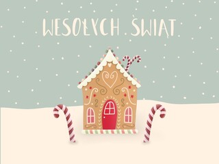 Domek z piernika i świąteczne laski cukrowe z napisem Wesołych Świąt, w tle jest śnieg i płatki śniegu - obrazy, fototapety, plakaty