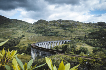 Beautiful shot of Glenfinnan Viaduct, a famous railway viaduct in Scotland