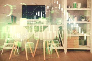 Multi exposure of stock market chart drawing and office interior background. Concept of financial analysis.