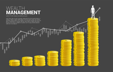 Silhouette of businessman standing on top of growth graph with stack of coin. Concept of success investment and growth in business