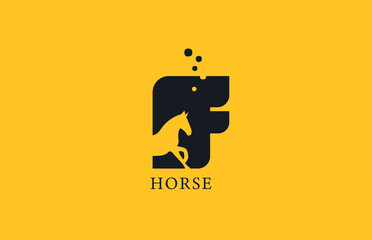 F yellow black horse alphabet letter logo icon with stallion shape inside. Creative design for business and company