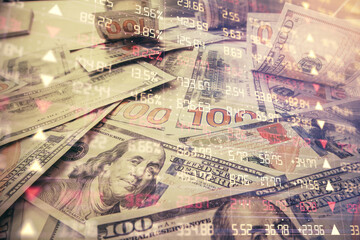 Multi exposure of forex chart drawing over us dollars bill background. Concept of financial success markets.