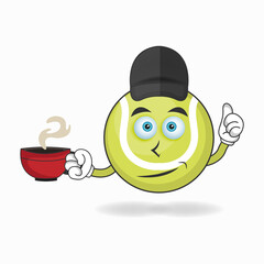 Tennis ball mascot character holding a hot cup of coffee. vector illustration