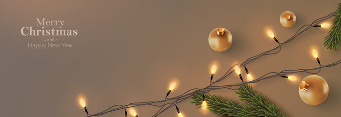 Christmas postcard or banner template. Background Xmas design of realistic christmas balls, fir tree and party light garland. Horizontal christmas poster, greeting card, ads backdrop for web