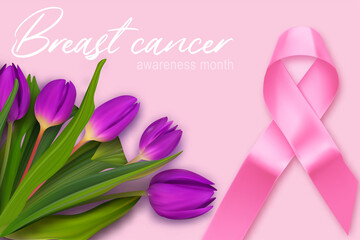 Breast cancer pink ribbon on pink background. Awareness symbol, month. Breast october concept. Hope poster and female illustration. Silk ribbon in pink color.