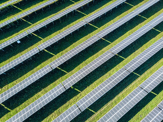 Solar panels at bird's eye view. Huge amount of solar panels to create clean energy. Energy concept