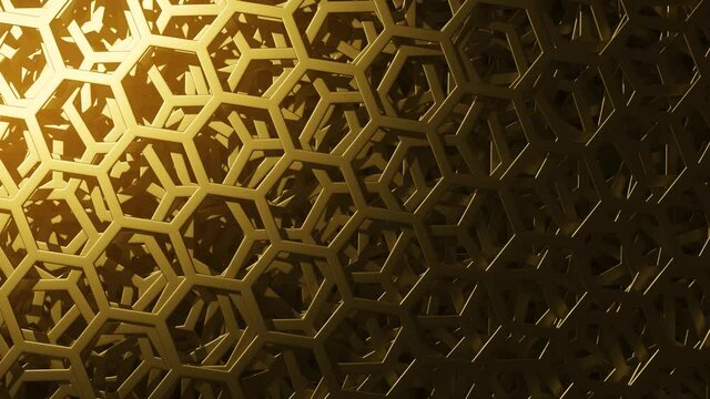Many golden plates with hexagonal holes, looping 3D animation
