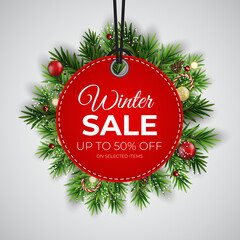 Winter sale Red tag vector banner for seasonal retail promotion. Vector illustration
