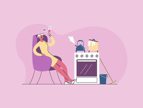 Vector flat illustration concept of procrastination, laziness, dependence on gadgets. The image shows woman who took time off from housework in order to chat on social network.
