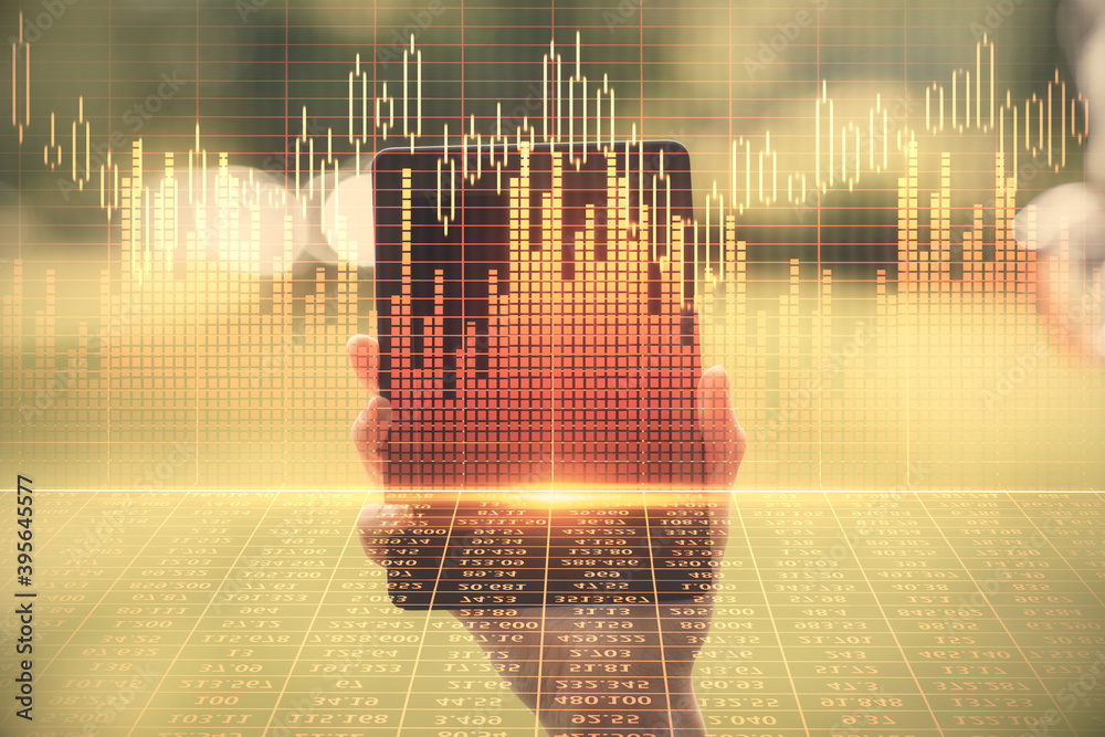 Aufkleber double exposure of forex chart sketch hologram and woman holding and using a mobile device. financia