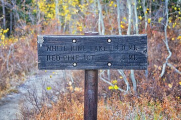 Trail Sign on Red Pine and White Pine Lake hiking trail in Lone Peak Wilderness on White Baldy and Pfeifferhorn in Little Cottonwood Canyon, Wasatch Rocky mountain Range, Utah, United States.
