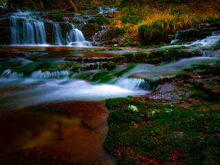 Obraz na płótnie Canvas Wild brook with stones and waterfalls in Jeseniky mountains, Eastern Europe, Moravia. Clean fresh cold watter, water stream. Long exposure image. .