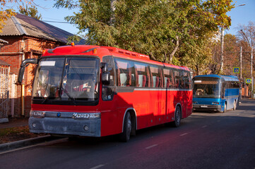 Two red and blue passenger buses standing along the road parked without passengers