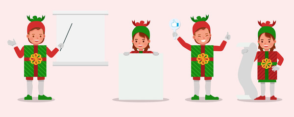 Fototapeta premium Set of kids boy and girl wearing christmas gift box costumes character vector design. Presentation in various action with emotions. no14