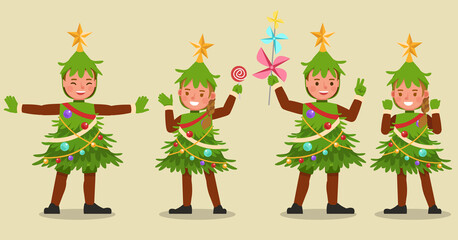 Set of kids boy and girl wearing Christmas tree costumes character vector design. Presentation in various action with emotions. no3