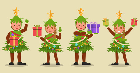 Set of kids boy and girl wearing Christmas tree costumes character vector design. Presentation in various action with emotions. no6