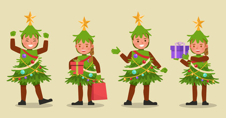 Set of kids boy and girl wearing Christmas tree costumes character vector design. Presentation in various action with emotions. no9