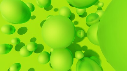 Abstract green background of green balls in space 3d render