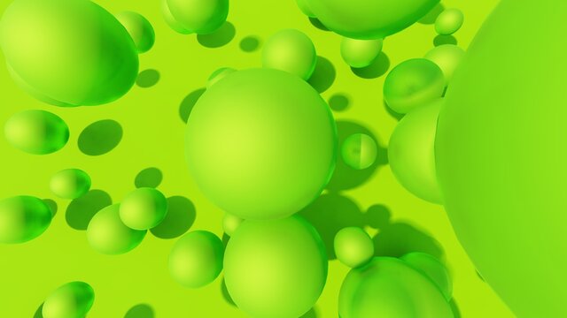 Abstract green background of green balls in space 3d render