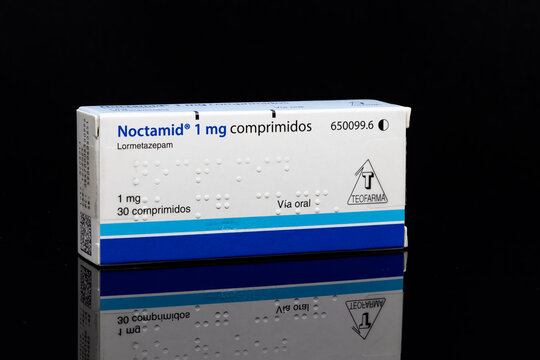 Huelva, Spain-November 26,2020: Lormetazepam Brand Noctamid from Teofarma laboratory. Lormetazepam is considered a hypnotic benzodiazepine and is officially indicated for moderate to severe insomnia