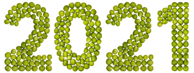 Numeral 2021 from green peas, isolated on white background