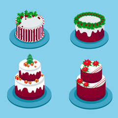 Set of festive christmas cakes on blue background