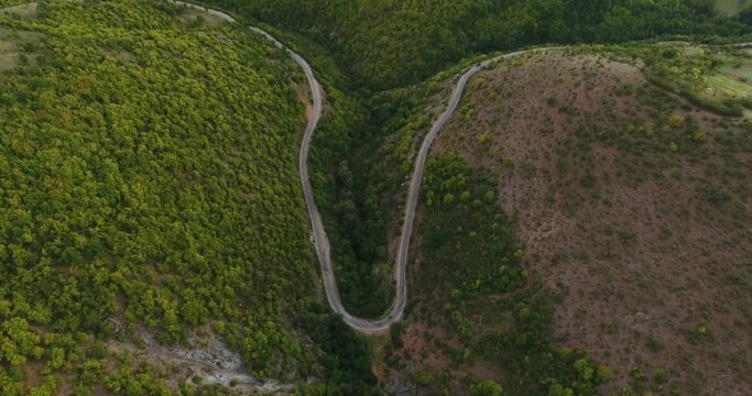 Top view of vehicle driving along the curvy, asphalt road with wider view of the fields filled with evergreen trees.
