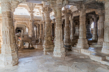 RANAKPUR, INDIA - FEBRUARY 13, 2017: Decorated marble interior of Jain temple at Ranakpur, Rajasthan state, India