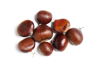 Fresh sweet edible chestnuts on white background, top view