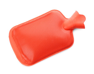 Red rubber hot water bottle isolated on white, top view