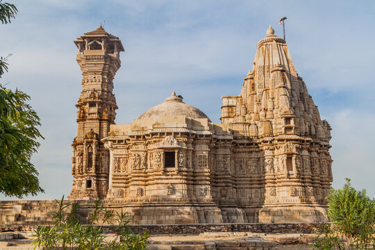 Kirti Stambha (Tower of Fame) and Shri Digamber Jain Adinath Temple at Chittor Fort in Chittorgarh, Rajasthan state, India