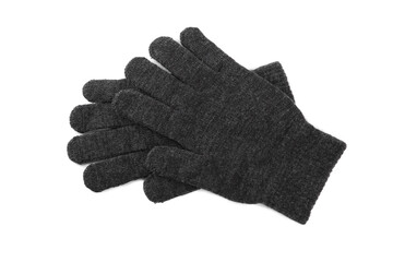 Grey woolen gloves on white background, top view. Winter clothes