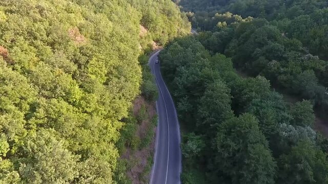 Aerial view of a car driving on a long asphalt, curvy road with no traffic. Place enriched with forest trees on the both sides.