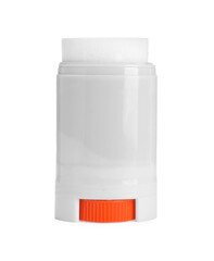 Polish with sponge applicator isolated on white. Shoe care product