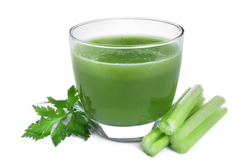 Celery juice and fresh ingredients on white background