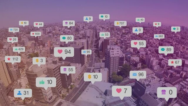 都会の街に溢れるお知らせ通知アイコン