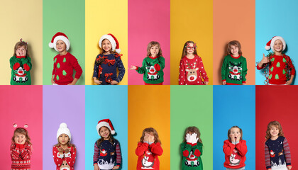Obraz na płótnie Canvas Collage with photos of adorable children in different Christmas sweaters on color backgrounds