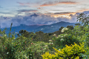 Evening view of the landscape of mountains near Mount Kinabalu, Sabah, Malaysia