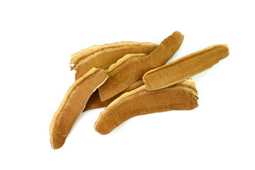 Dried lingzhi mushroom (Also called as Reishi mushroom in Japan, Lingcheu in Thailand, Lingzhi mushroom in China, Ganoderma Lucidum Karst or lacquered mushroom) on white.