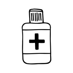 Hand drawing doodle antiseptic linear vector black and white icon. Isolated over white background.