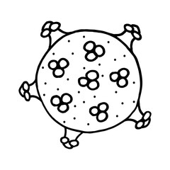 Black and white virus isolated on white background. Drawing in doodle style. Global epidemic of 2021-nCov coronavirus, virus, disease. Vector medicine illustration. Hand drawing doodle. Vector.