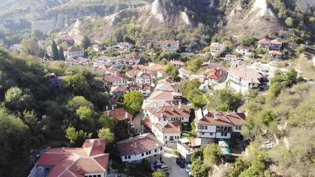 Aerial of Melnik village, province of Blagoevgrad. Shot of architectural buildings that are cultural monuments. 