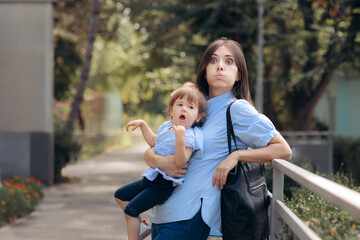 Tired Exhausting Mom Holding Naughty Toddler Child